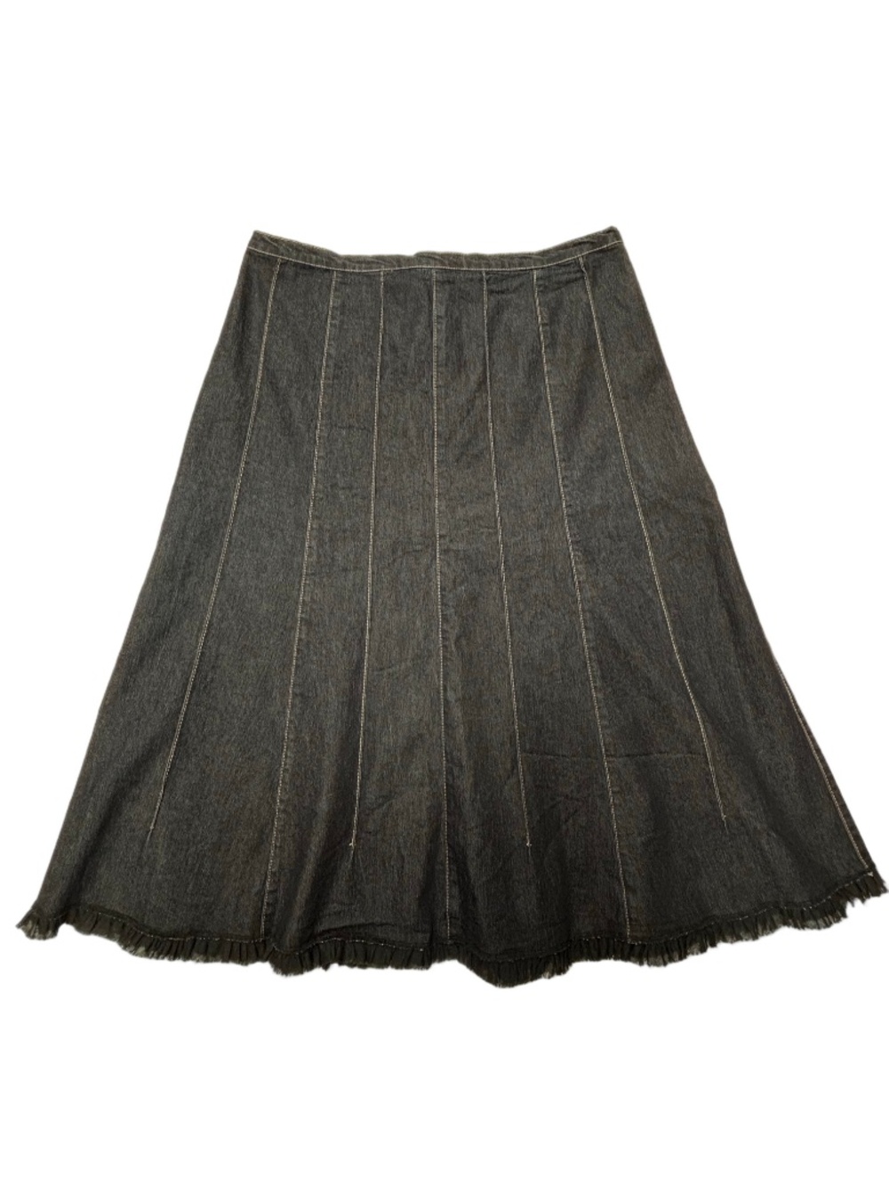 Simon Chang Y2K Panelled Denim Skirt Dark Wash A-Line Flared Ruffle hem